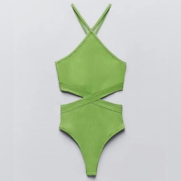 Zara Other - Zara Lime Green Ribbed Cut-Out Halter Bodysuit Size M NWT Style 00850188